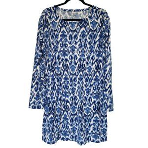Coolibar UPF 50 Blue White Print Long Sleeve Cinched Waist Tunic Dress